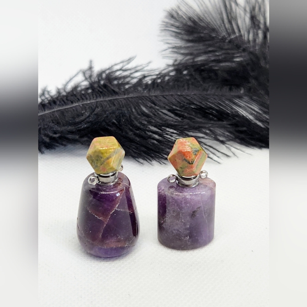 2 Amethyst Unakite Poison Pendant Bottles. Crystals. Ash, Essential Oil Necklace - Picture 2 of 6